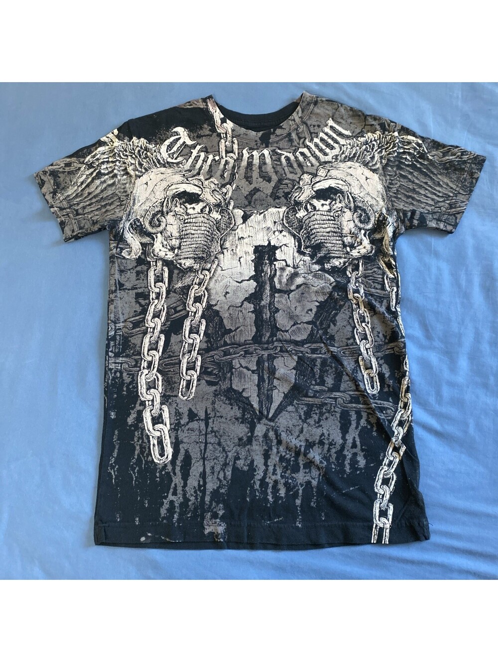 Throwdown Premium Skull AOP T Shirt USA MADE Mens Small Y2K Affliction Style